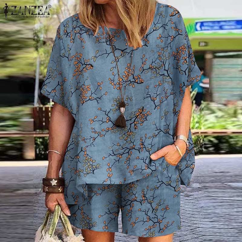 2022 ZANZEA Women Short Sets Summer Short Sleeves Matching Sets Blouses Casual Two Pieces Cotton High Waist Female Home Wear