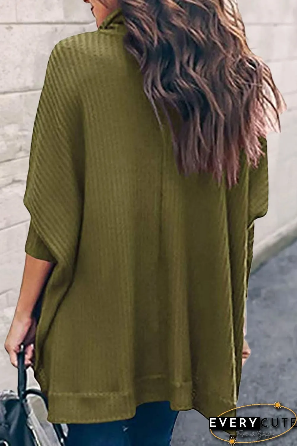 Green Turtleneck Waffle Knit Poncho Blouse