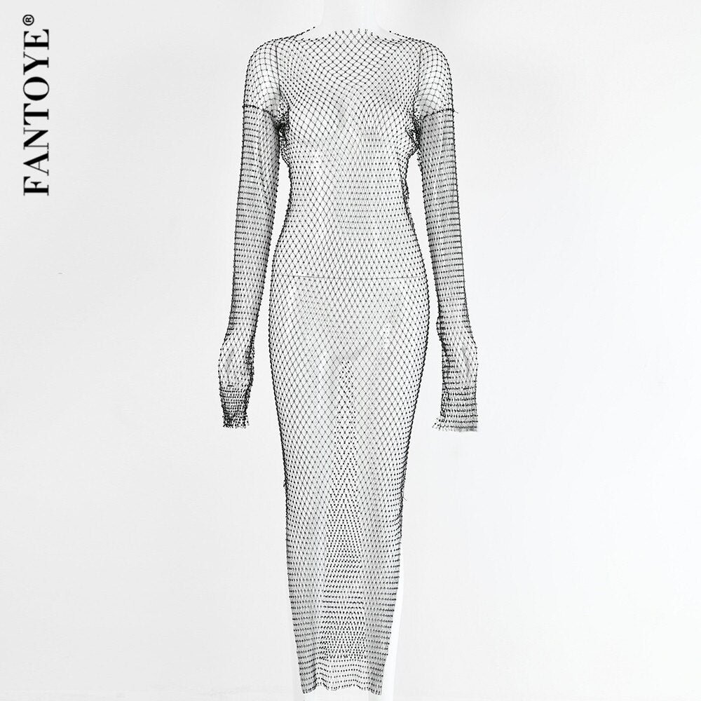 FANTOYE New Diamond Shiny Party Dress Women Split Long Sleeve Maxi Bodycon Dress Sexy See-Through Fishnet Club Dress Vestidos