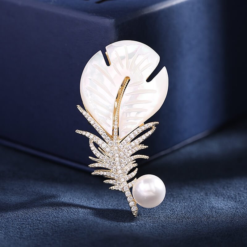 Feather Pearl Brooch with Cubic Zirconia