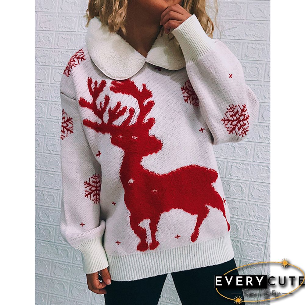 White Lapel Collar Deer Snoflake Print Christmas Sweater