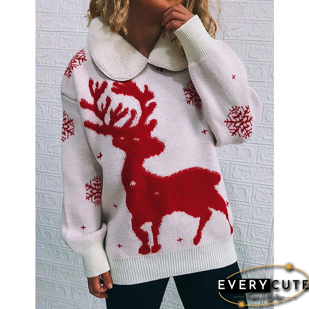 White Lapel Collar Deer Snoflake Print Christmas Sweater