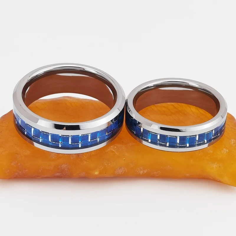 6MM 8MM Mens Women Blue Carbon Fiber Tungsten Rings Silver Plated Couple Wedding Brushed Finish