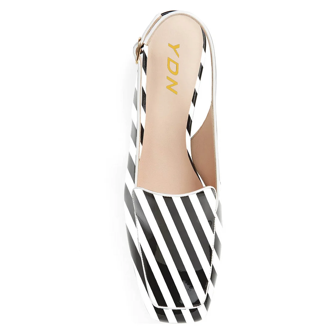 Black & White Stripes Chunky Heel Slingback Loafer Shoes Women