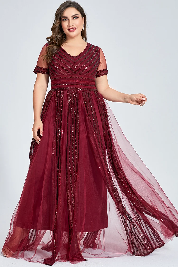 Flycurvy Plus Size Formal Burgundy Mesh Sequin V Neck Tunic Maxi Dress