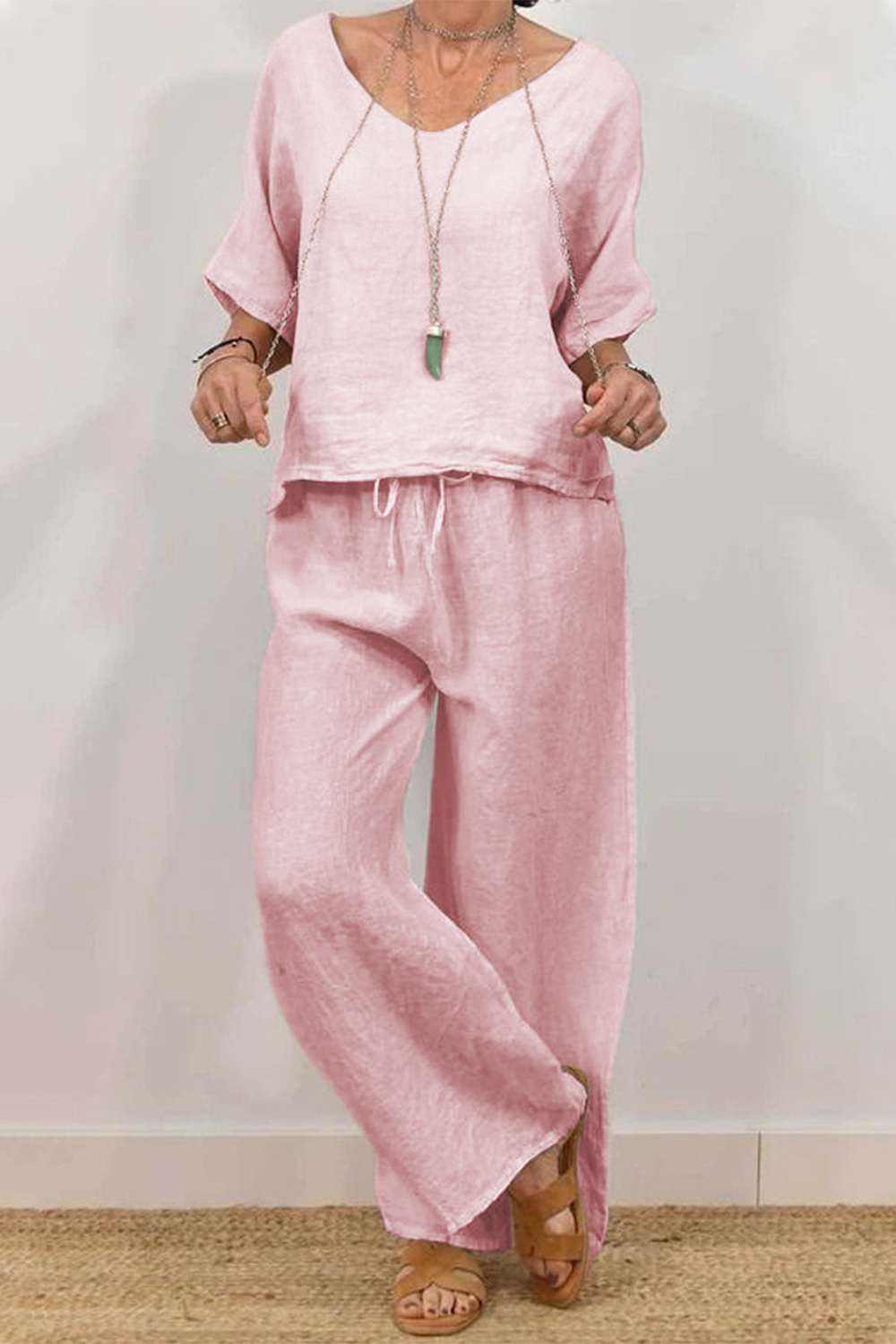 Plus Size Casual Green Cotton And Linen Half Sleeve Wide Leg Two Piece Pant Suit 2024 - Flycurvy 