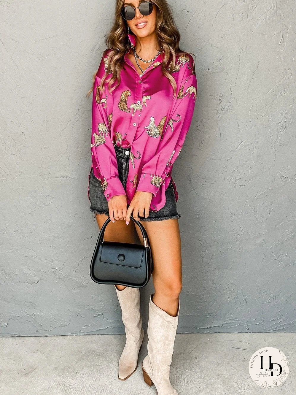 Tempting Printed Lapel Single-Breasted Long-Sleeved Blouse