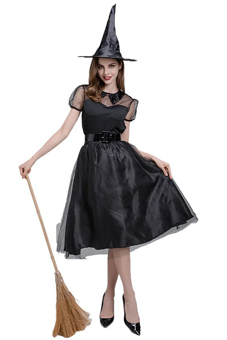 Halloween Costume Witch See Through Mesh Doll Collar Midi Dress