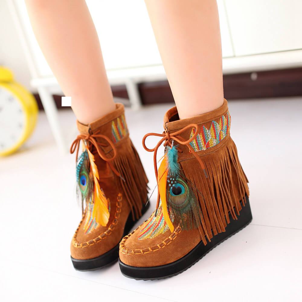 VCSHOES Wedge Suede Embroidery Embellished Ankle Boots