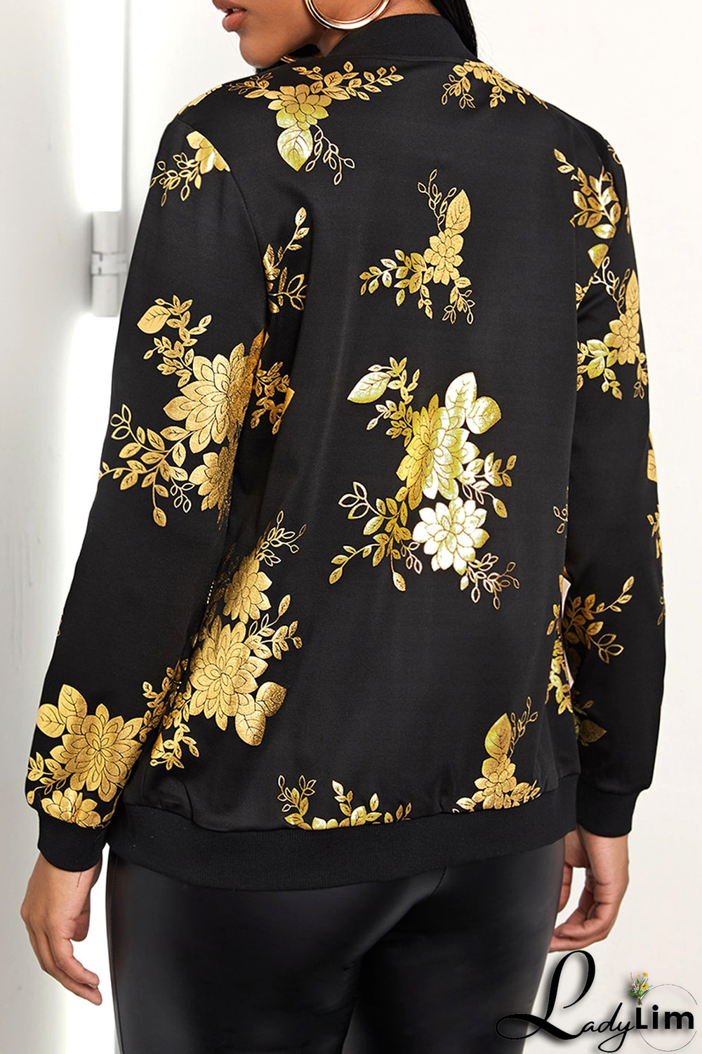 Black Fashion Print Patchwork Zipper Collar Outerwear