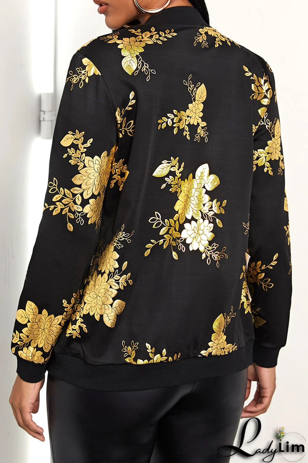 Black Fashion Print Patchwork Zipper Collar Outerwear