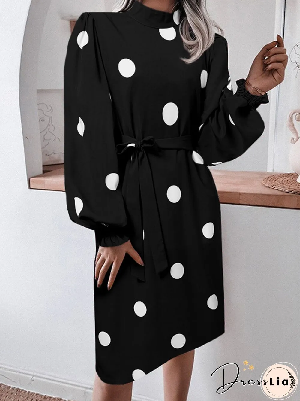 Dot Print Puff Long Sleeve Shirred Stand Collar Dress With Belt