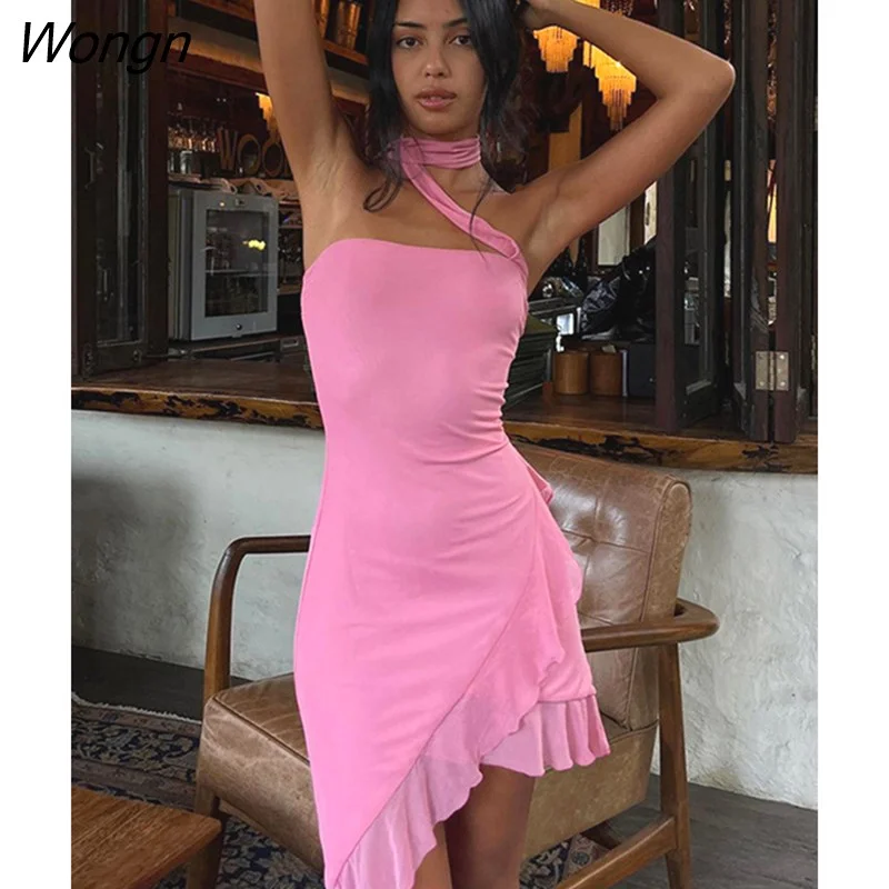 Wongn Halter Backless Bandage Bodycon Mini Dress Women Party Club Evening Beach Irregular Pink Dresses 2023 Summer Black Outfits