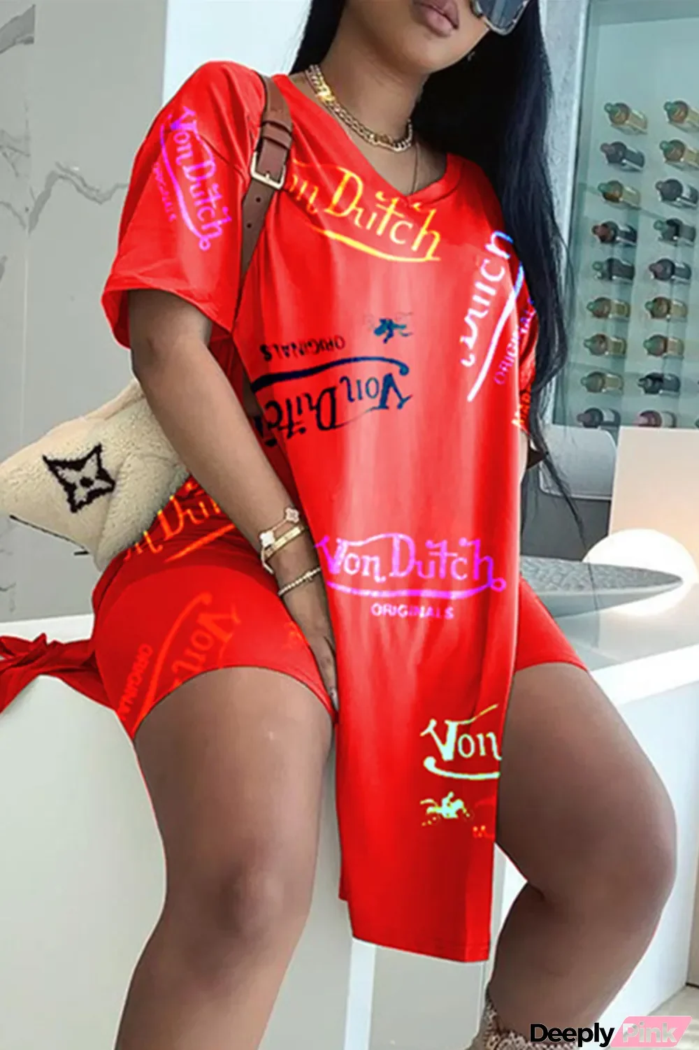 Red Fashion Casual Print Slit V Neck Short Sleeve Two Pieces