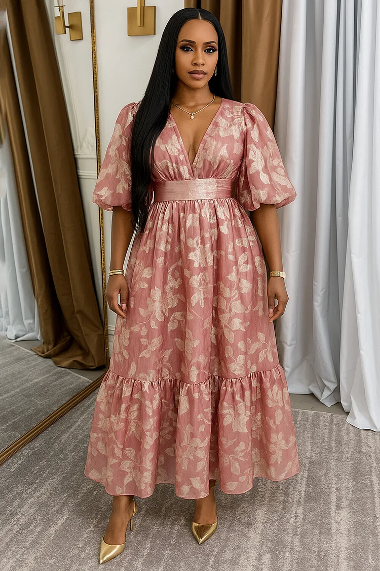 V Neck Puff Sleeve Cinched Leaf Print Vacation Maxi Dresses-Pink [Pre Order]
