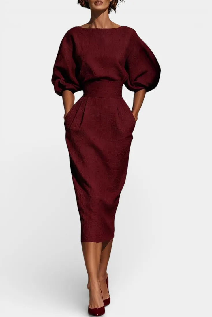 Structured Puff Sleeve Midi Dress with Belt