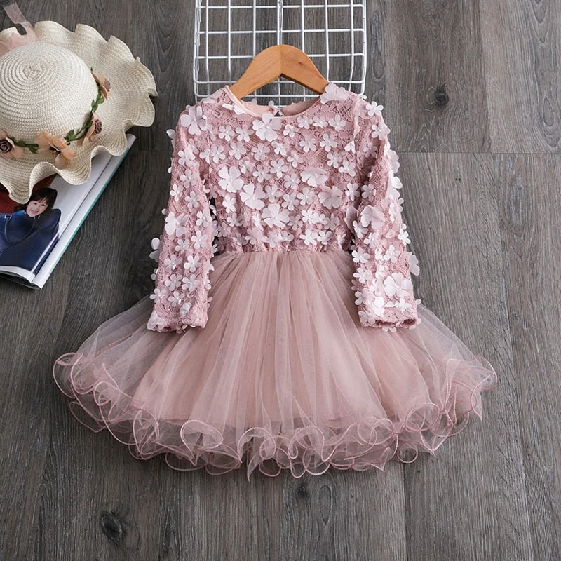 Baby Girls Spring Winter Princess Dress For Kids Flower Lace Embroidery Long Sleeve Clothes Children Tulle Casual Wear 2-7 Year