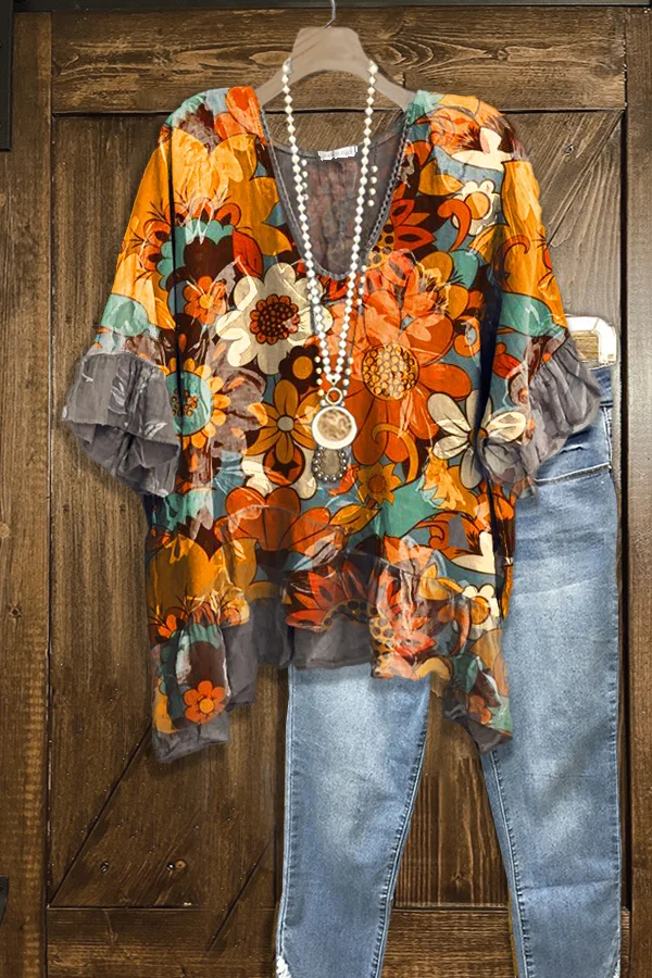 Casual Floral Print Paneled Ruffled Top