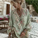 Women's Vintage Pink Floral Embroidered Art V-neck Long Sleeve Blouse - Image 7