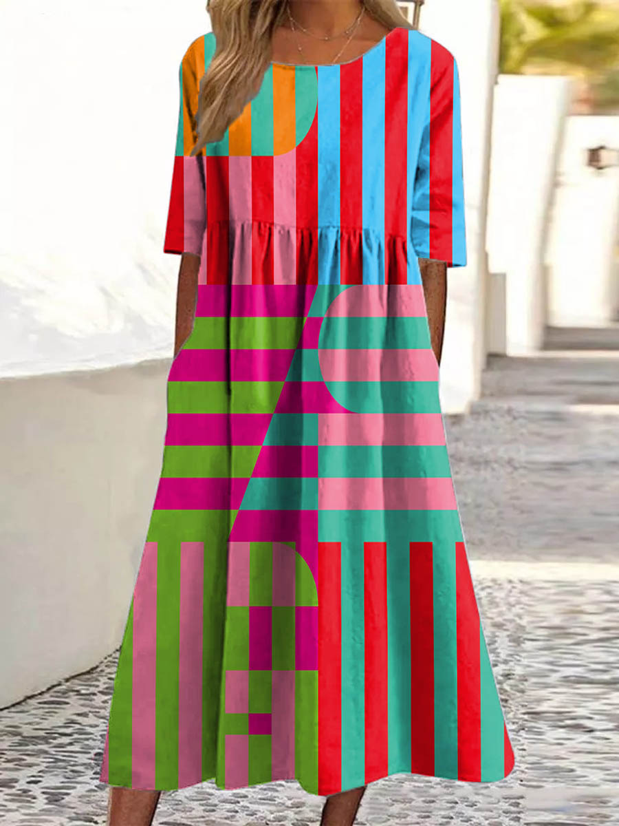 Women's Geometric Pattern Art Print Pocket Cotton Dress