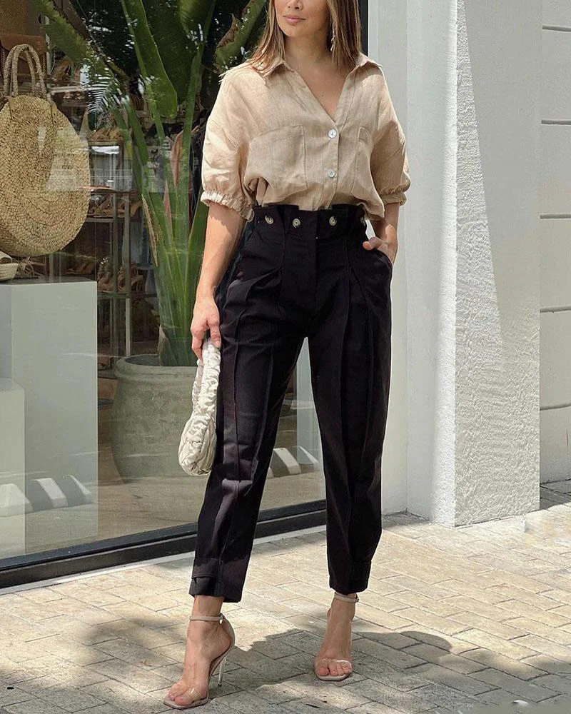 V-Neck Top & Pants Casual Two Piece Set