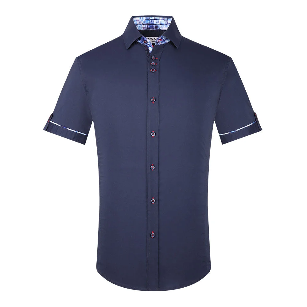 Fashion Slim Fit Casual Short Sleeve Shirt Navy - Alex Vando