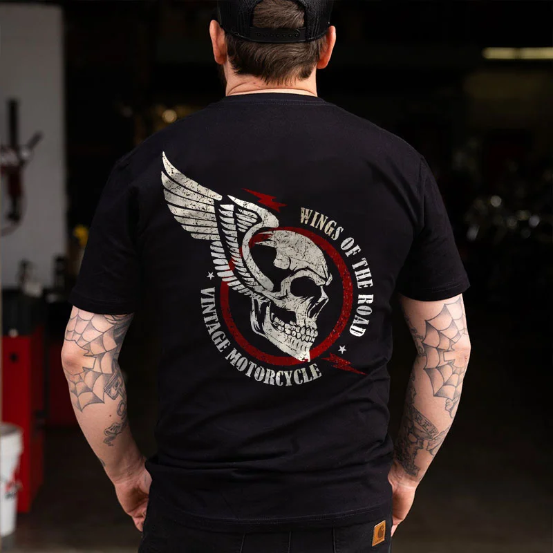 WINGS OF THE ROAD Skull Black Print T-Shirt