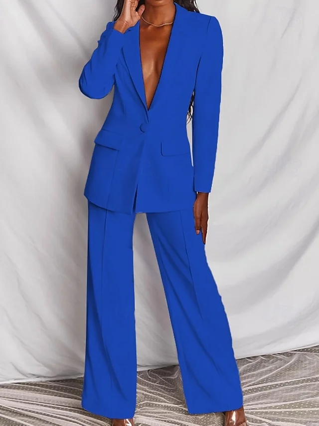 Women's Fashion Business Blazer Blazer Suits Dress Pants Pants Trousers Long Sleeve Notch lapel collar Solid Color Outdoor Daily Wear Black Pink Blue Spring Regular Fit