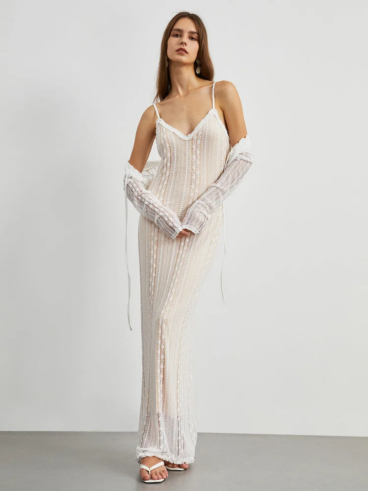 Floral Lace Textured Bolero Two Piece Long Dress