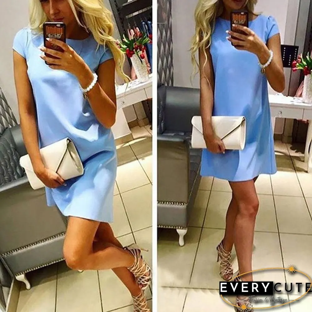Women Fashion Casual O-neck Short Sleeve Loose Solid Color Mini Short Dress Plus Size S-XXL