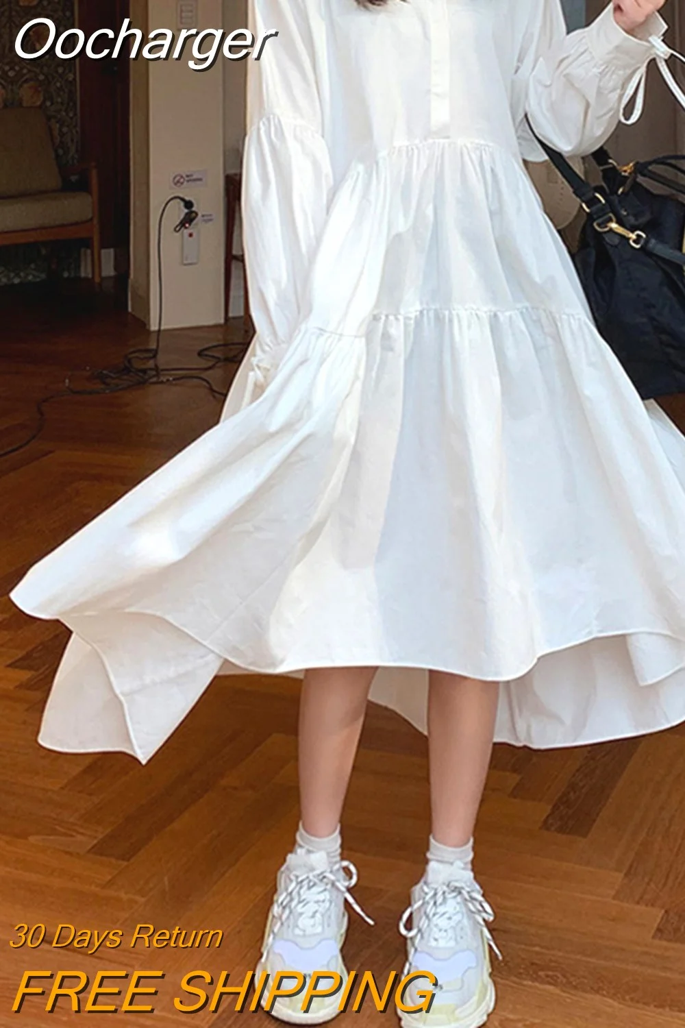 Oocharger Shirt Dress for Women Clohting Solid White 2023 Spring Vestidos Vintage Elegant Long Sleeve Femme Robes Loose 19806