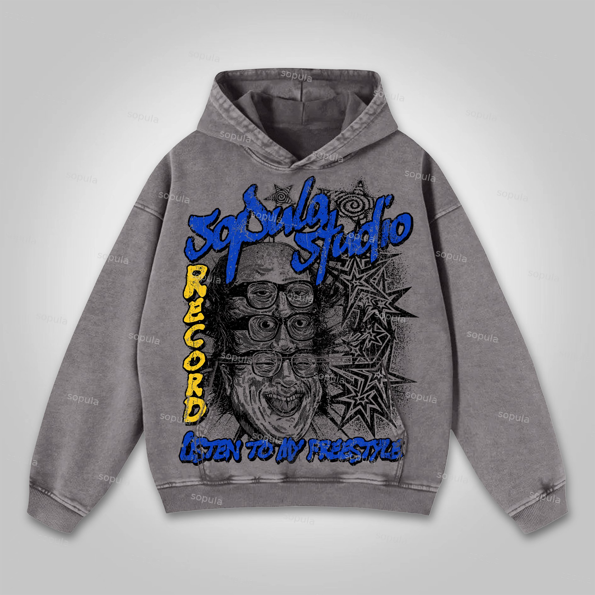 Sopula Studio Fun Portrait Graphic Print Washed Hoodie - SOPULA