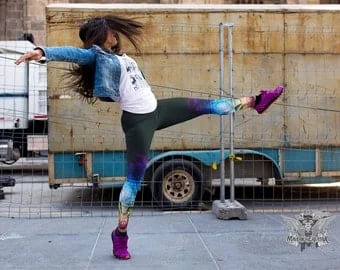 Pornhint YOGA High Waistband Leggings, Airbrushed Rainbow Spectrum Flower of Life Metatrons Cube Print