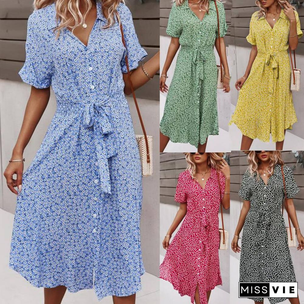Summer Leisure Holiday Style Sexy Boho Dress For Women Print High Waist V Neck Dress Vestidos De Mujer Clothing Women
