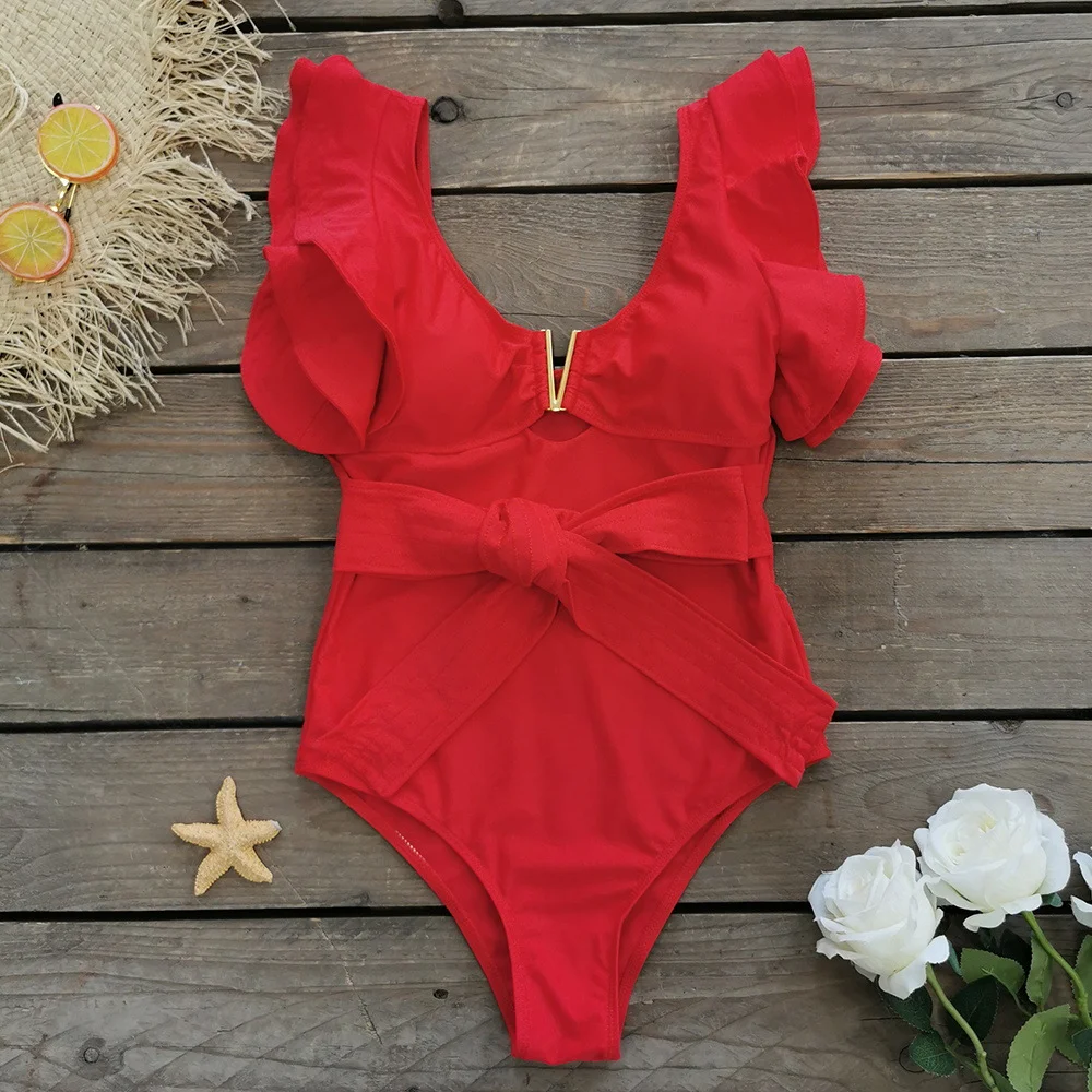 Brownm Solid-Color One-Piece Swimsuit Women 2025 New All-In-One Lotus Edge Hollow Air Pressure Line Belt