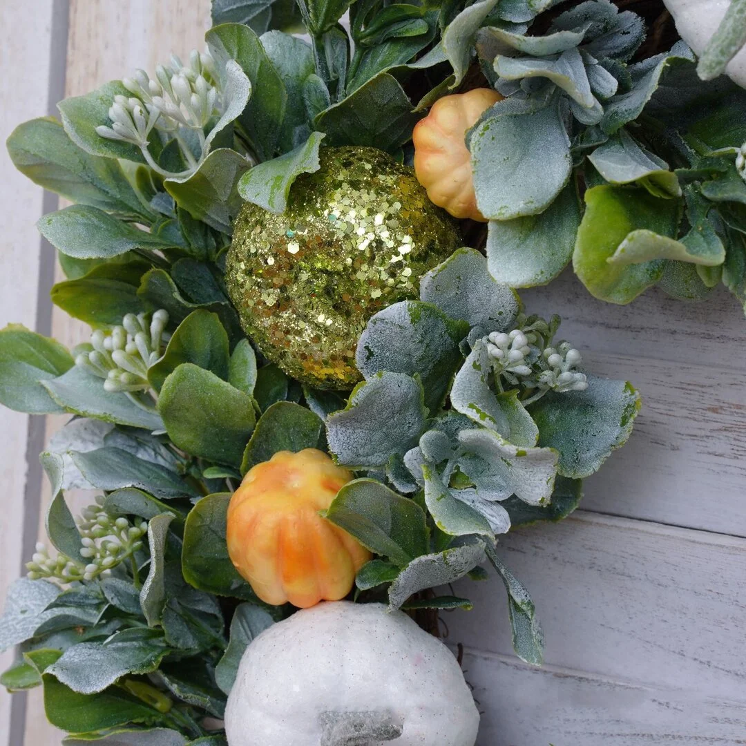 Golden Green Pumpkins Lamb's Ear Fall Eucalyptus Wreath