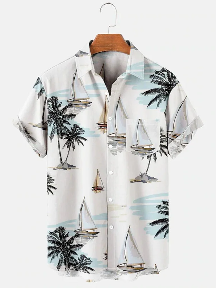 Men's Hawaiian Coconut Sailboat Print Wrinkle-Free Casual Comfort Shirt