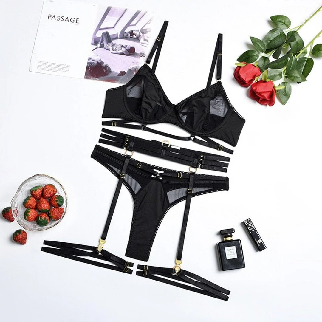 3-Piece Bra and Thong Set with Garter Belt