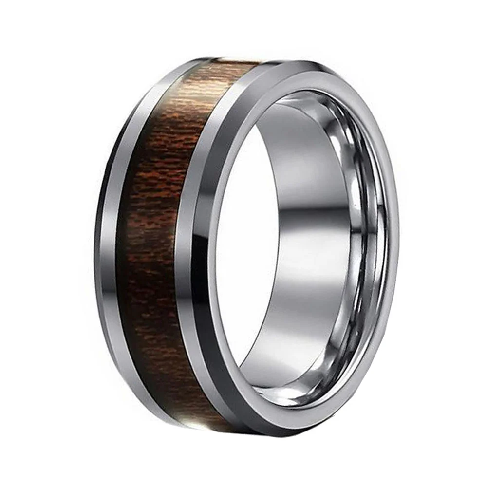 6MM 8MM Silver Tungsten Carbide Wedding Bands Wood Inlay Bevel Edge For Men