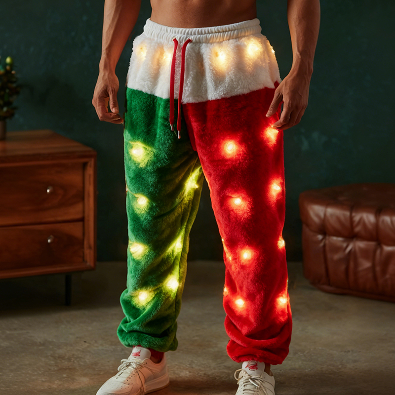 Men's Fun Christmas Lights Color Block Comfortable Plush Sweatpants elevenforest