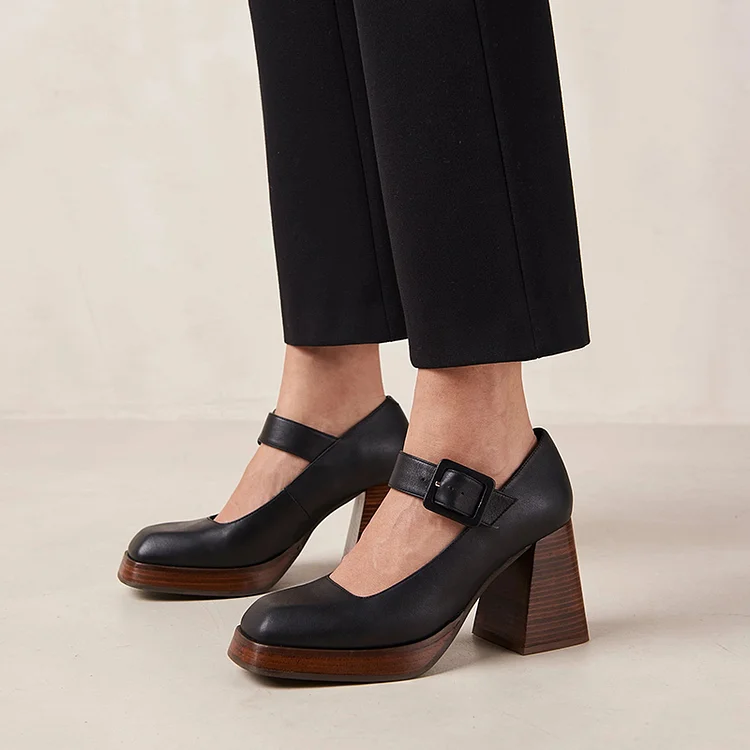 Black Platform Chunky Heel Women'S Square Toe Mary Jane Pump Vintage Buckle Shoes |FSJ Shoes