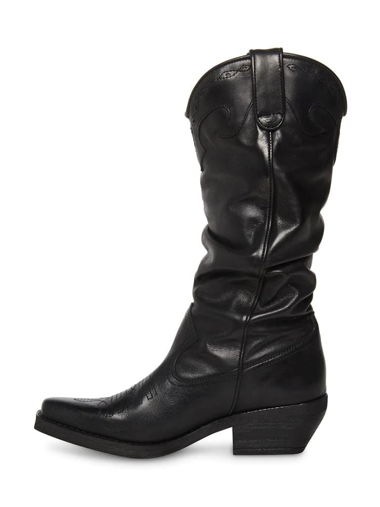 Black Slouched Stitch Snip Toe Slanted Block Mid Heel Western Mid Calf Boots