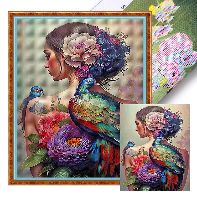 Woman With Flower And Bird Tattoo 11CT Stamped Cross Stitch 40*50CM