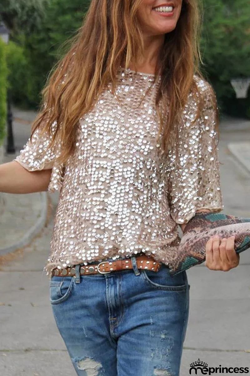 Casual Street Solid Sequins O Neck T-Shirts