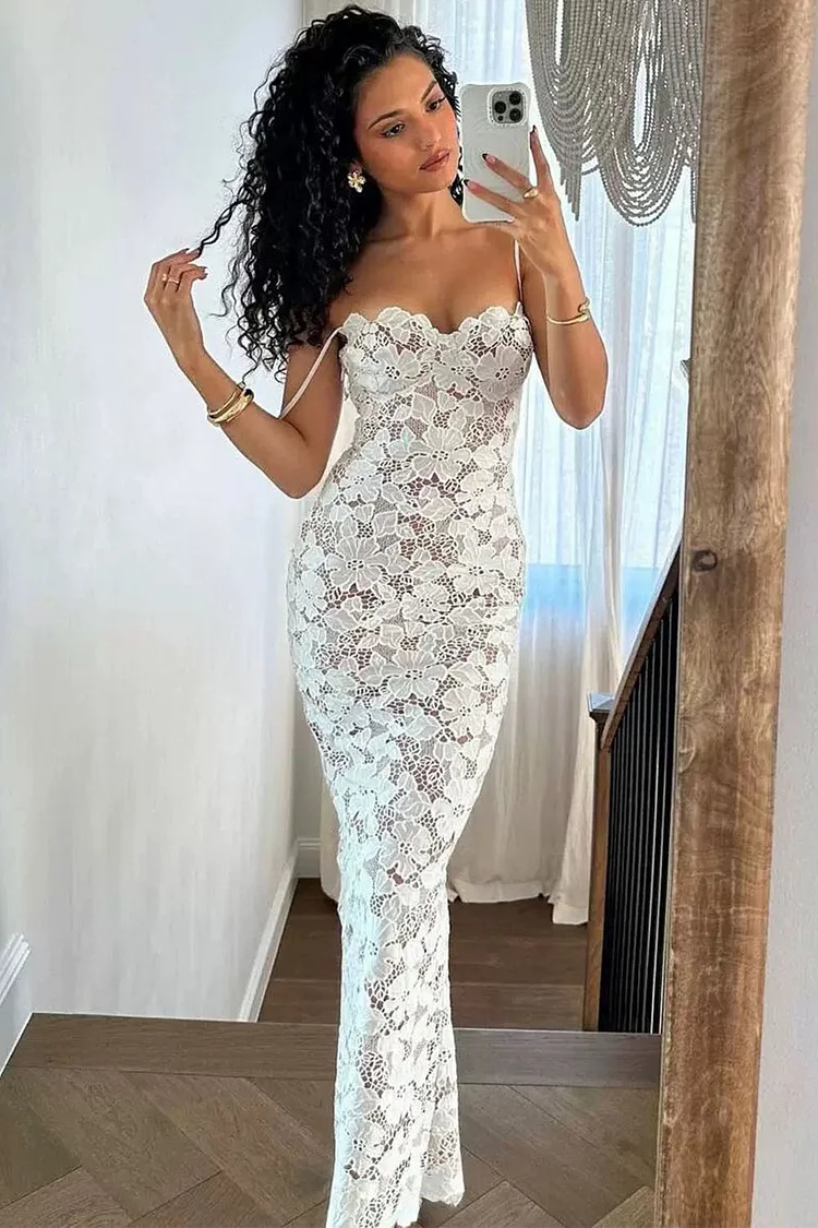 Cocktail White Lace See-Through Sheath Cami Maxi Dress