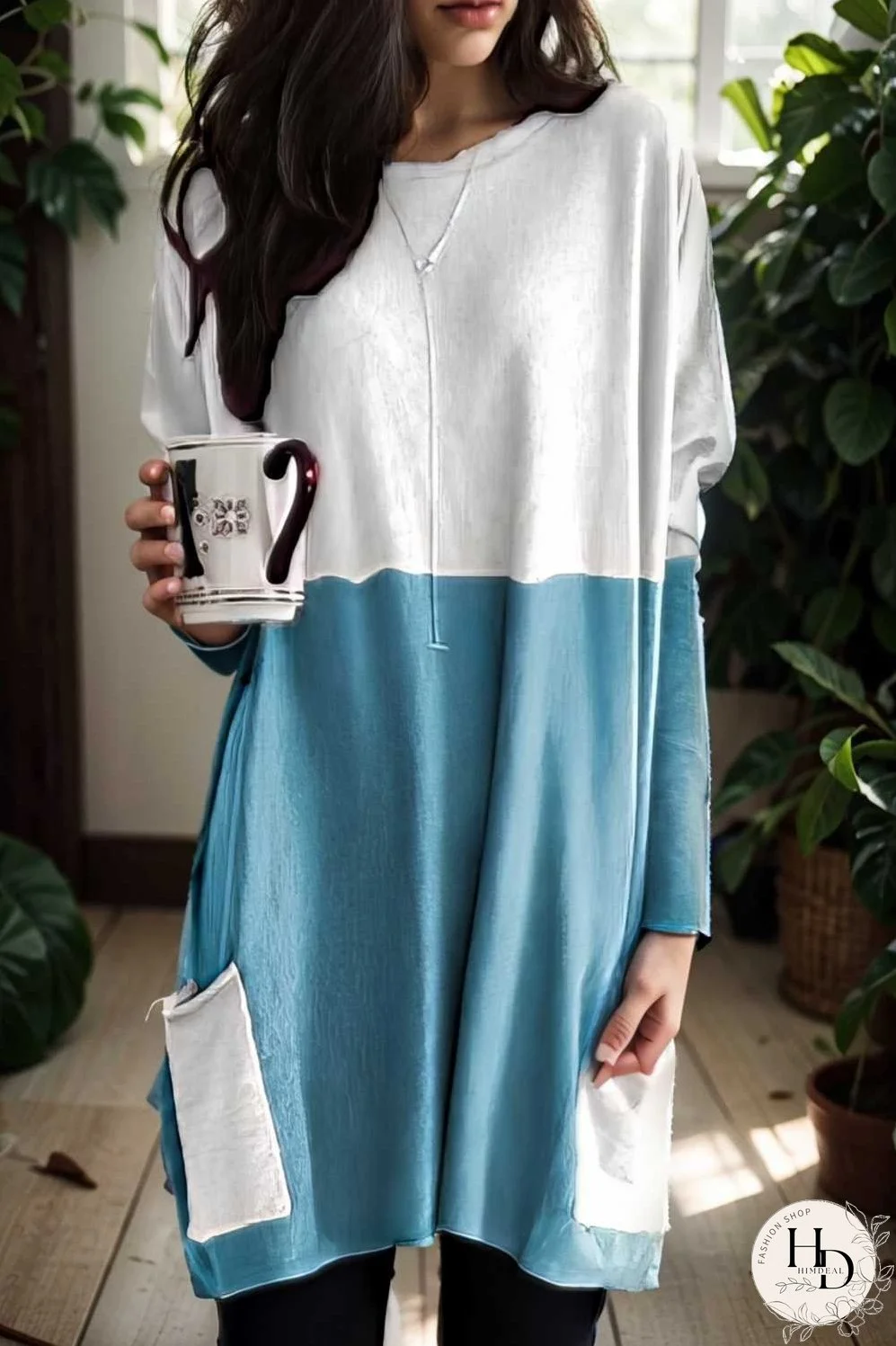 two color stitching pocket loose long sleeve t shirt