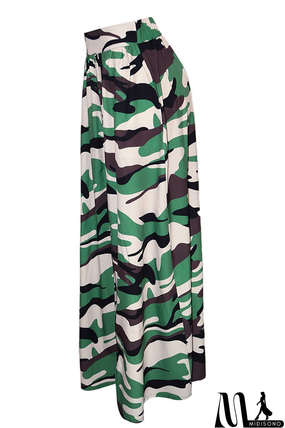 MidiSono - High Slit Camo Print Pleated Maxi Skirt