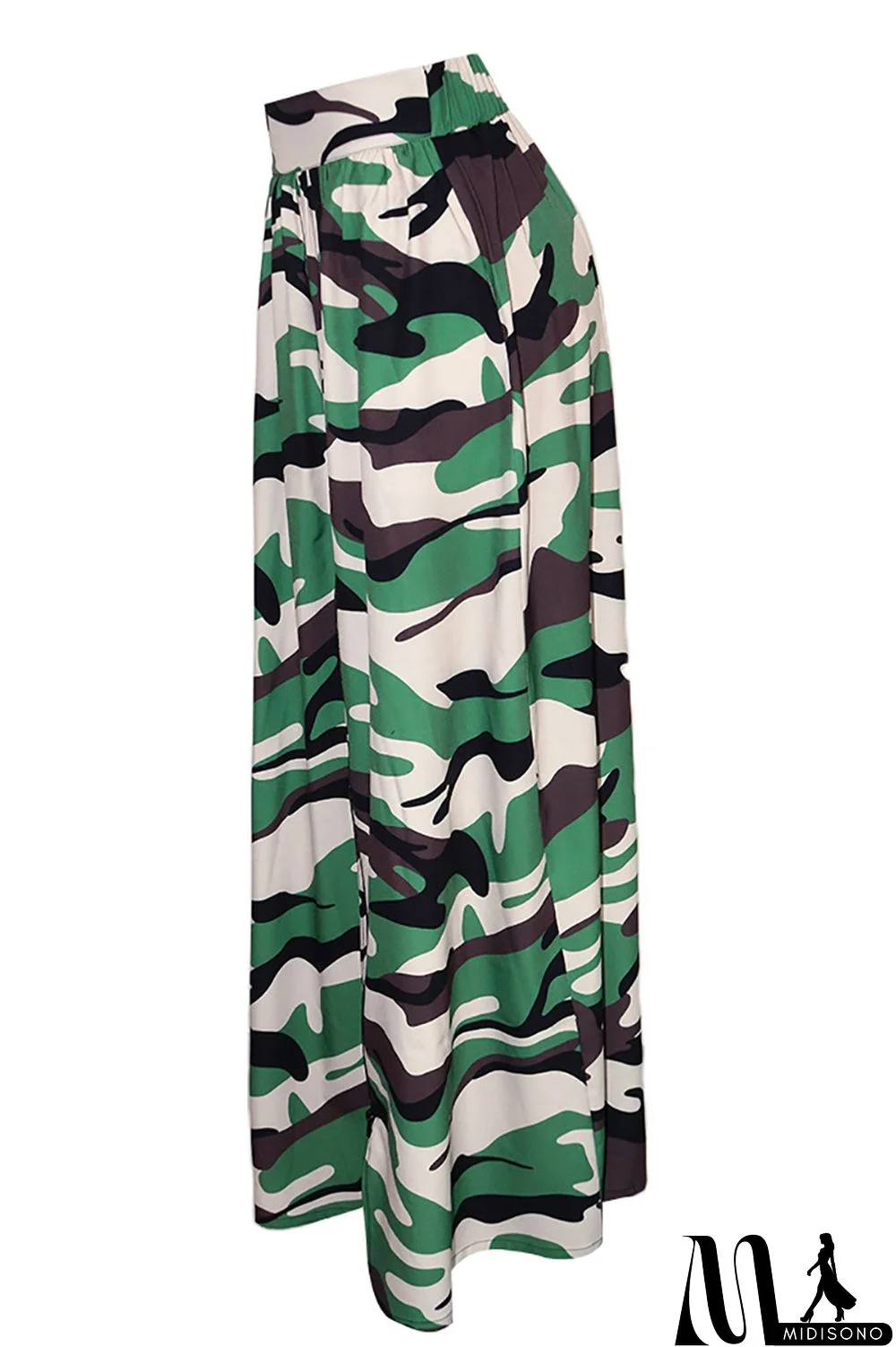 MidiSono - High Slit Camo Print Pleated Maxi Skirt