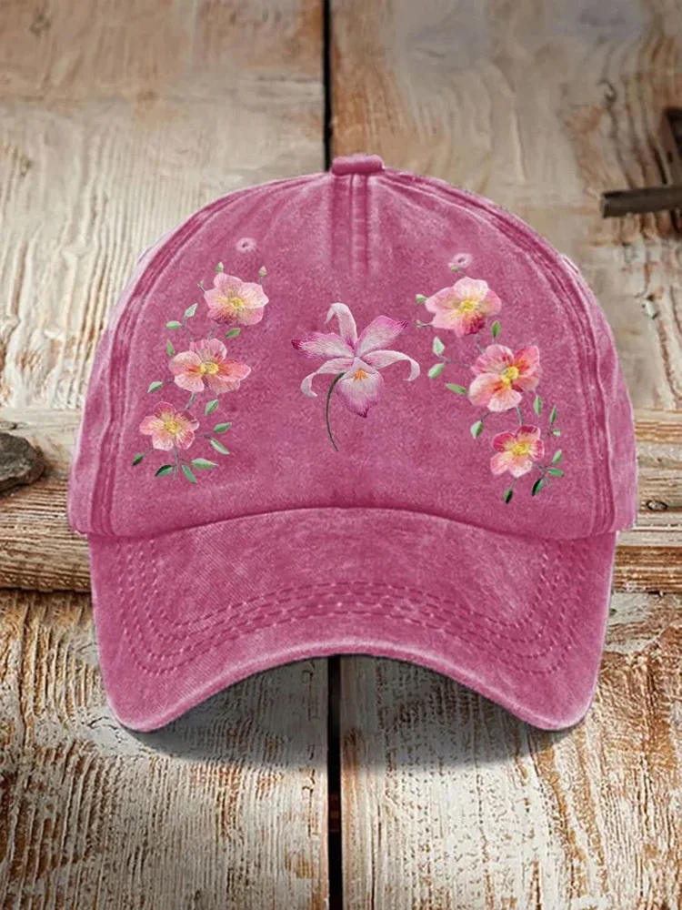 Comstylish Unisex Breast Cancer Floral Distressed Washed Cap