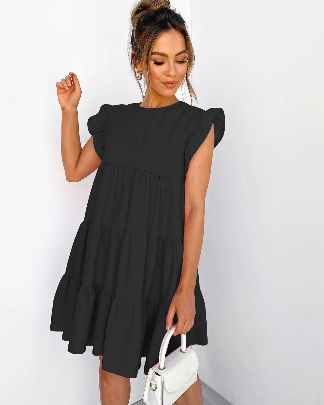 Summer Ruffle Mini Dress Women Solid Color Lady Dresses O Neck Casual Loose Dresses Butterfly Sleeve Short Dress Vestidos